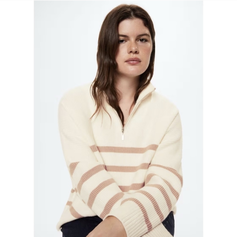 Mango Striped Quarter Zip Sweater